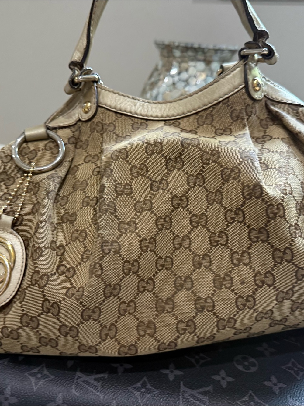 Gucci Beige GG Canvas Shoulder Bag with Gold Hardware